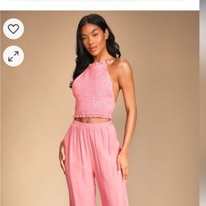 Lulus Matching Set, pink smocked backless crop and lined pants never worn NWT